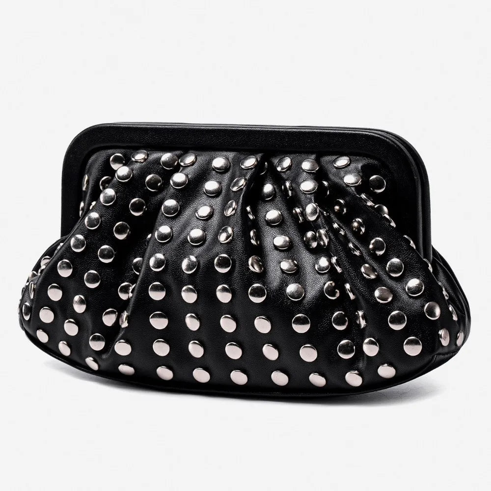 Vintage Clutch Purse Rivet Detail PU Leather Shell Shape Wallet Magnetic Buckle Pleated Design Handheld Evening Bag for Women
