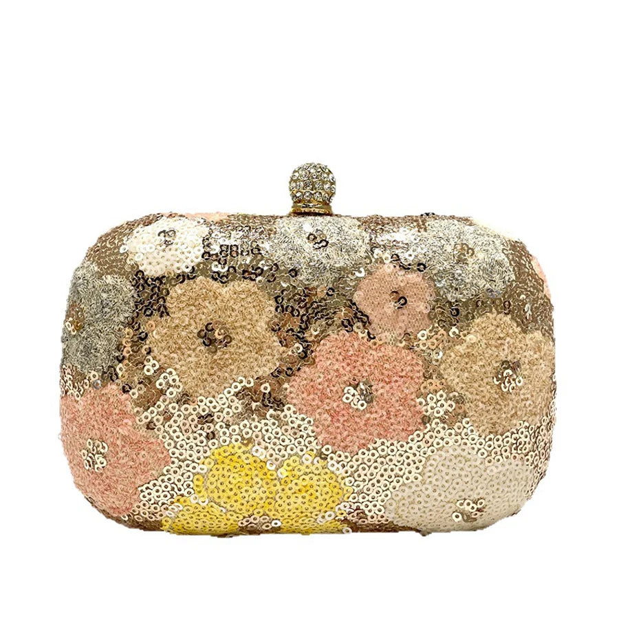 New Handbag Women's Sequin Flower Hand-Held Cross-Body Clutch Purse Cheongsam Chains Small Box Bag Gold Bag Evening Bag Bolsa