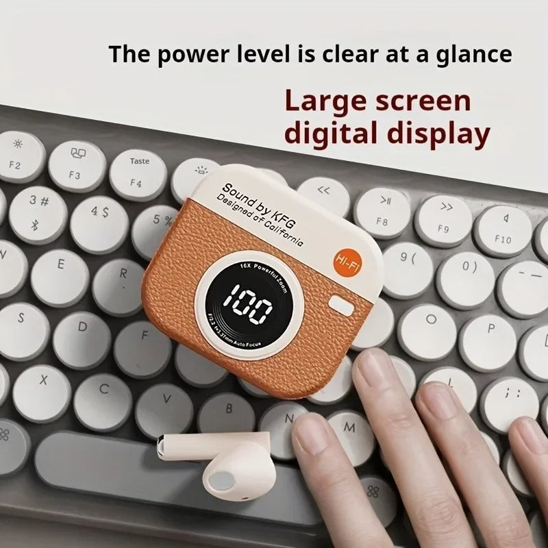 Q86 Retro Camera Wireless Earbuds Semi-In-Ear Earphones with Screen Digital Display and Gaming Low Latency