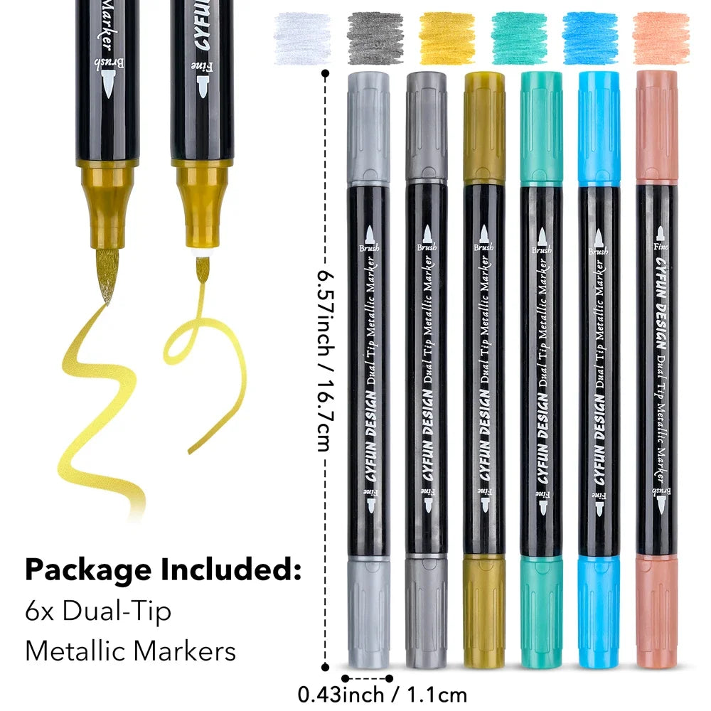 Dual-Tip Metallic Acrylic Markers 2 in1 Fine&Brush Tip Paint Pen for Black Paper,Rock Painting,Glass Craft,Card Making Scrapbook