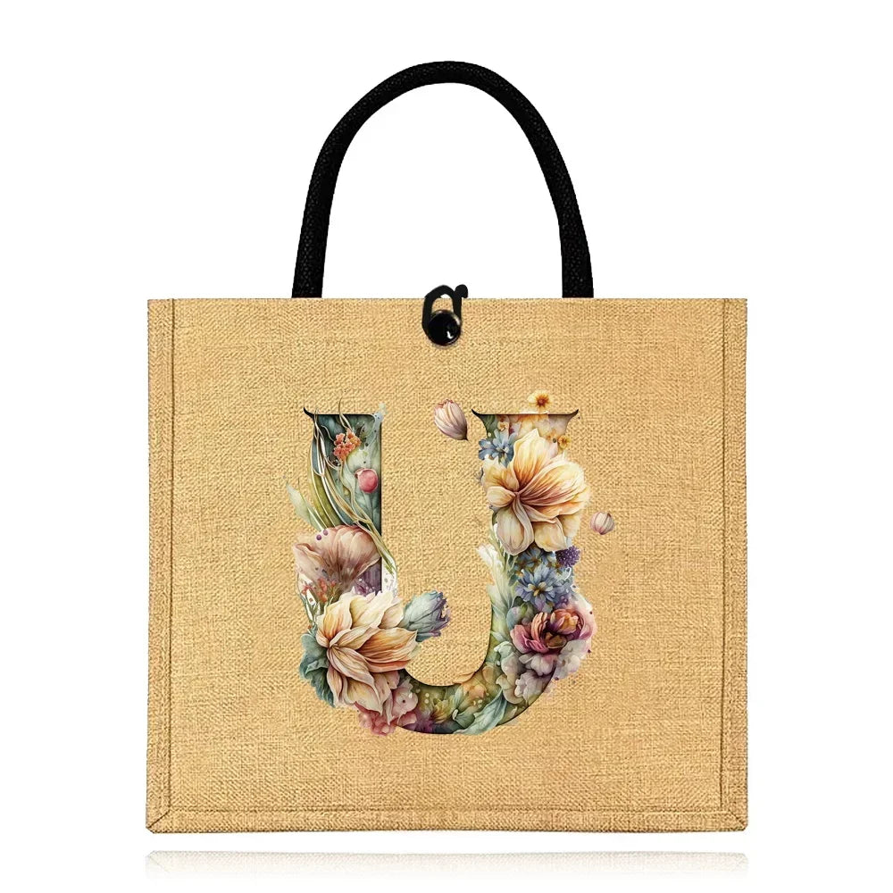 Flax Bag Fastener Handbag Organizer Storage Jute Tote Bags Imitation Cotton Women Valise Portable Floral Letter Printing Series