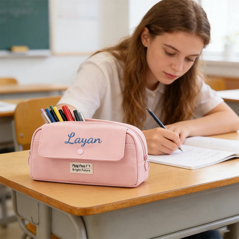 Customised Embroidery/Standard Style 2 Options, Personalized Flip-Top Pencil Case, Stationery Bag, Back-To-School Season,