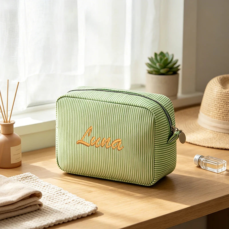 Customised Embroidery/Standard Style 2 Options, High-Look Striped Clutch, Large Capacity Makeup Bag, Back-to-School Season! Gift