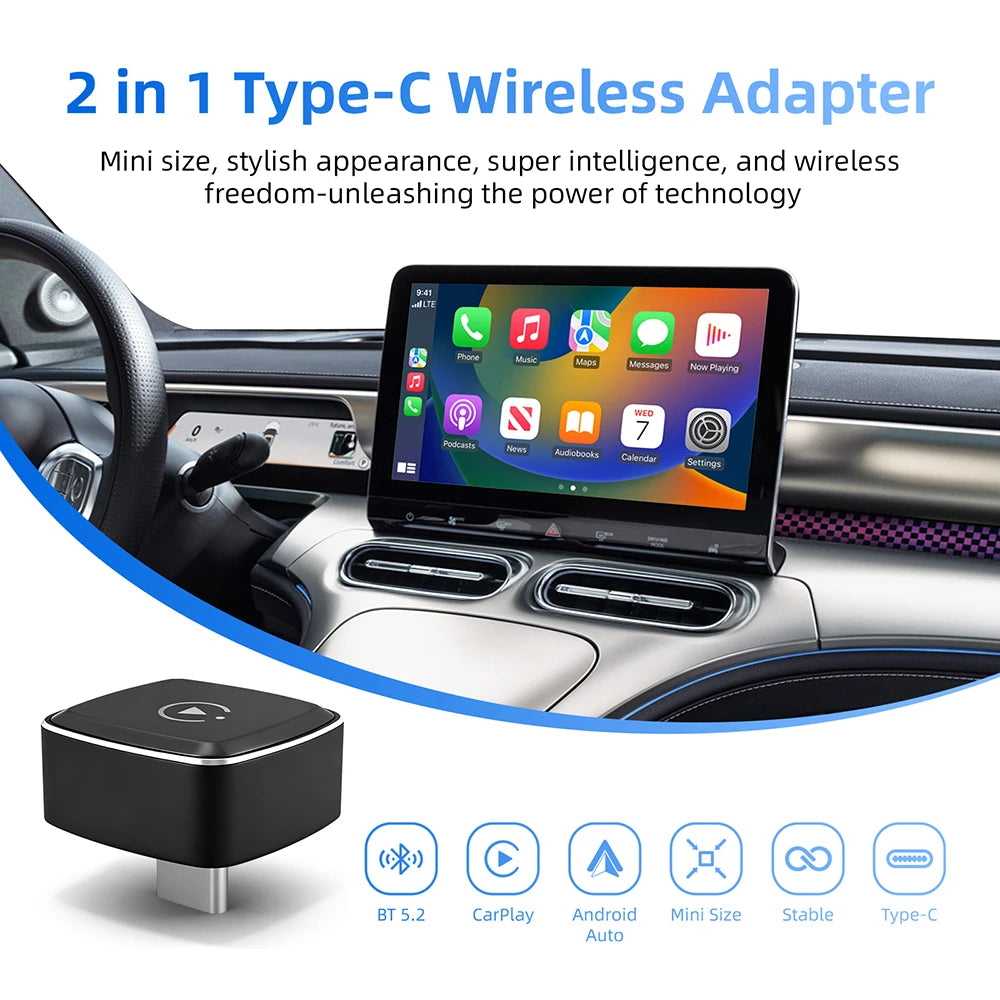Mini Wireless CarPlay Adapter TYPE C Wireless Android Auto AI Smart Box Intelligent Systems for Wired CarPlay Car