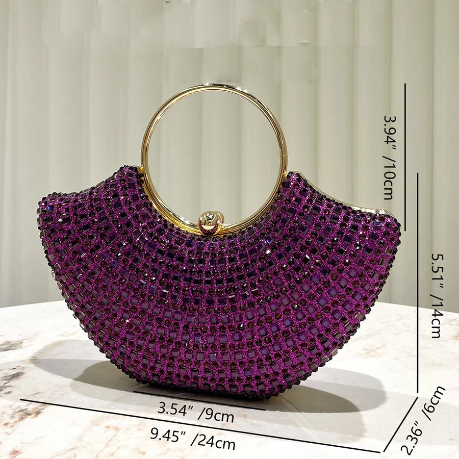Purple shiny luxurious diamond ring handle handbag lady's evening bag for party dress wedding clutch purse chains shoulder bags
