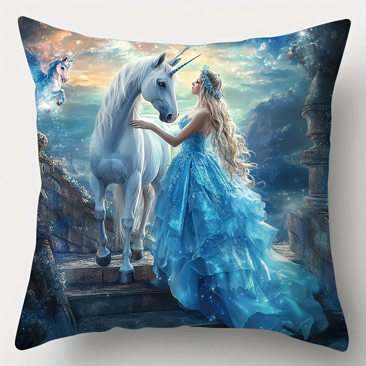 4PCS Girls & Princess Pillow Cases: Dreamy Art Style, Romantic. Polyester, Machine Washable, Zipper.For Living Room, Sofa Decor