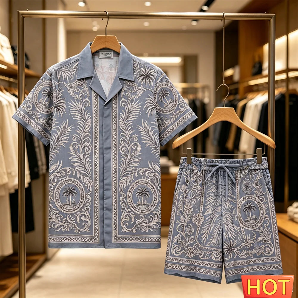 Men's Summer Tees Sets Fashion Coconut Tree 3D Print Short Sleeve Tops +Shorts 2 Piece Outfit Hawaiian Beach Vacation Shirt Suit