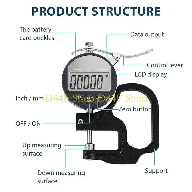 D84F Digital Thickness Gauge 0.001mm/0.00005" 12.7mm/0.5" Electronic Micrometer Thick