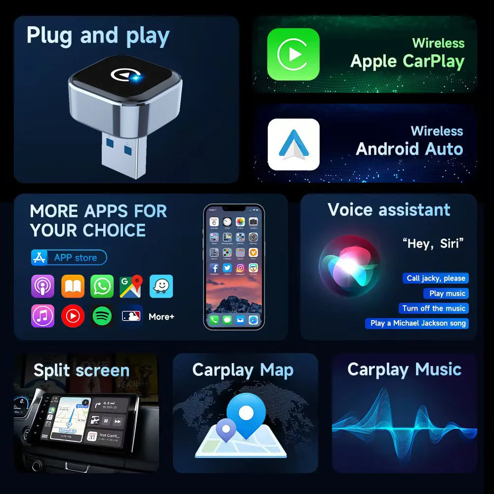 2 in 1, Mini USB CarPlay New Wireless CarPlay Adapter for Apple iPhone ＆Android Auto Dongle Wirn with Fast Stable Connection