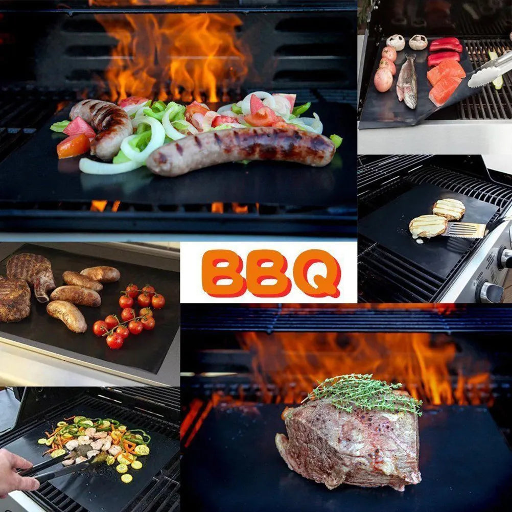 Bbq Grill Mat Heat Resistant Non-Stick Black Glass Fiber Bbq Oven Grill Sheet Baking Pad Dishwasher Safe Reusable Oven Liners