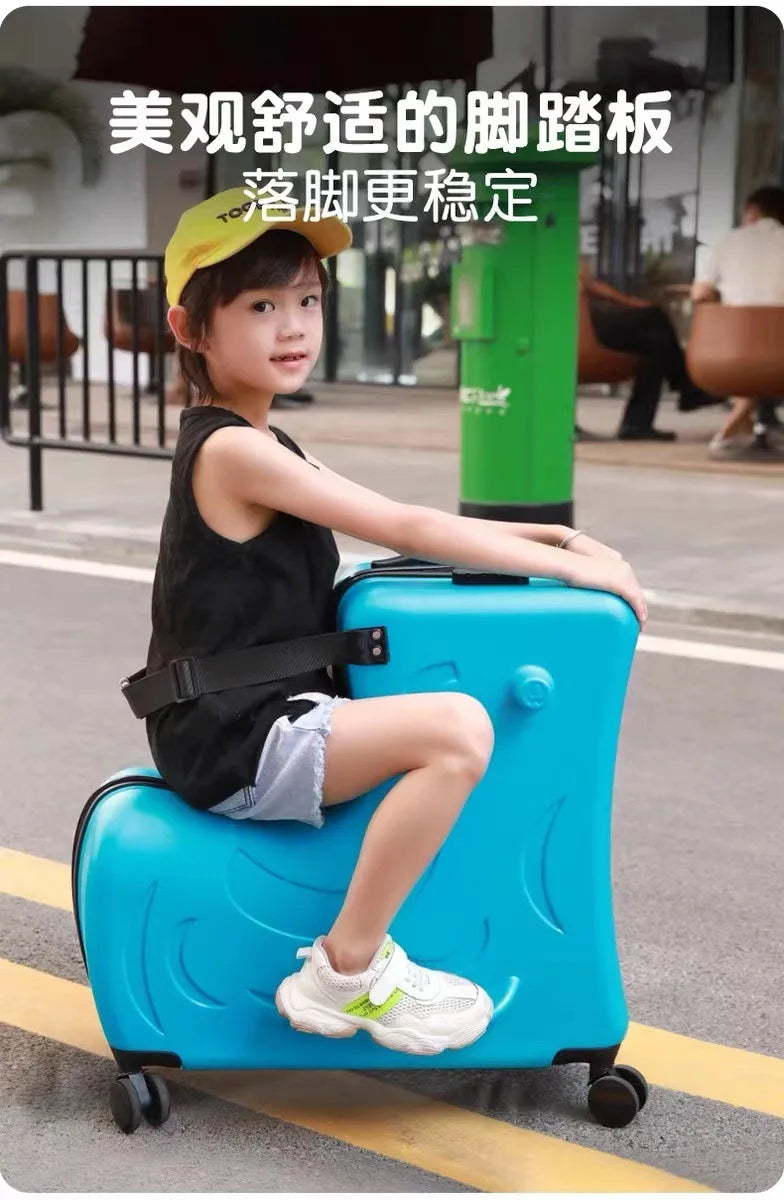 New Suitcase for Kids Wooden Horse Sit to Ride on Luggage with 360° Swivel Wheel 20/24 inch Small Travel Suitcase Boardable