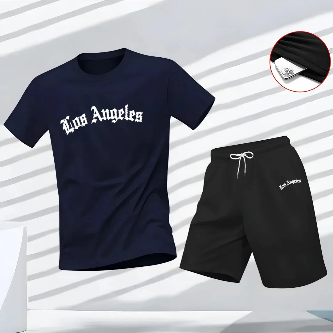 Men's Los Angeles Letter Print Tracksuit 2-Piece Set O-Neck Short Sleeve Shirt And Shorts plus Size Running Suit