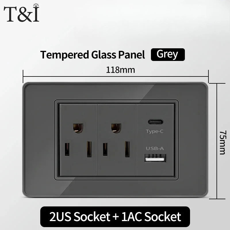 118*75mm Tempered Glass Socket US Wall Socket Grey Thai USB Socket Plug with Dual USB Type-C Ports,Light Switch 110V