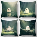 4-Piece 2D Printed Pillowcase Set – Cute Ghosts in Forest, Waterside, Swing & Tree Branch Scenes