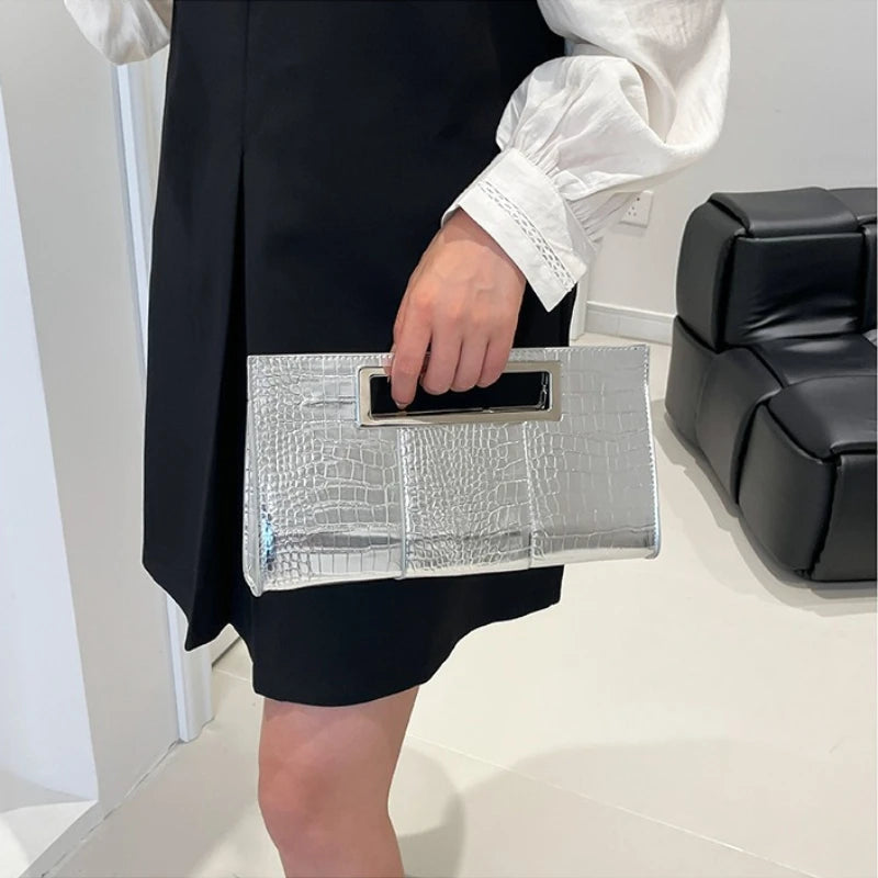 Fashion Crocodile Emboss PU Leather Clutch for Women Black Evening Bags Metal Grip Handle Tote Handbag Envelope Party Dinner Bag