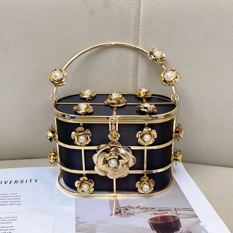 Metallic Evening Bag Flower Handbag Hollow Out Womens Bag Luxury Design Rhinestone Diamond Dinner Bags For Party Wedding Bag