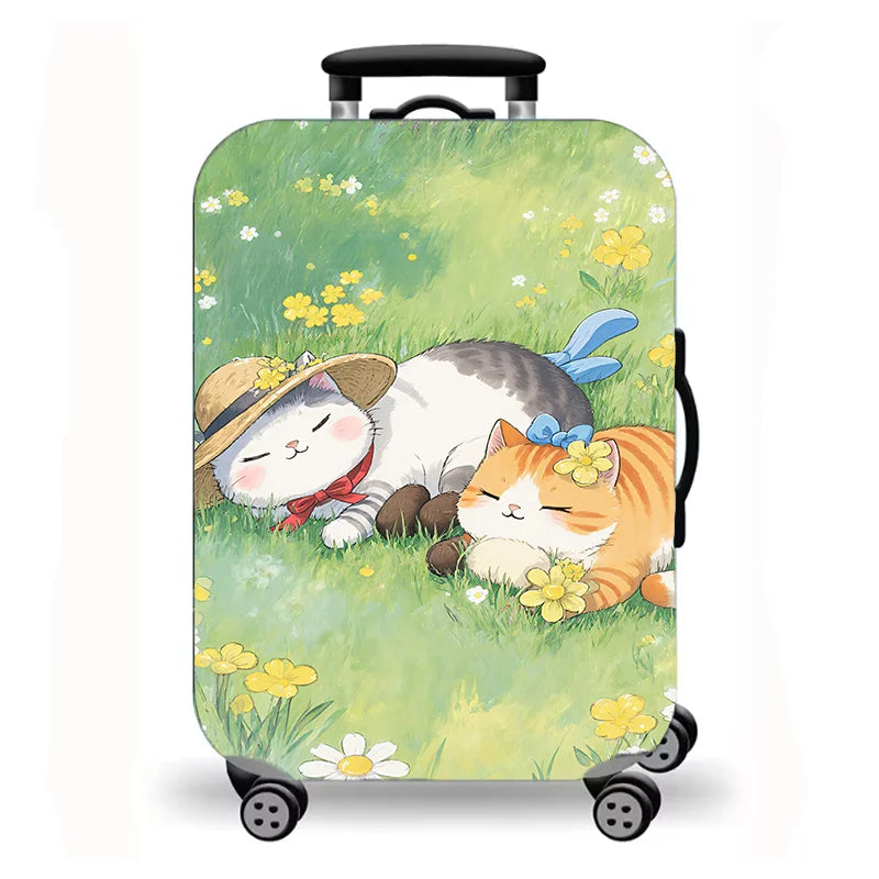 Luggage Cover, Cute Cat Kitten Floral Starry Night Print Stretch Suitcase Protector, Washable Anti-Scratch Travel Baggage Cover