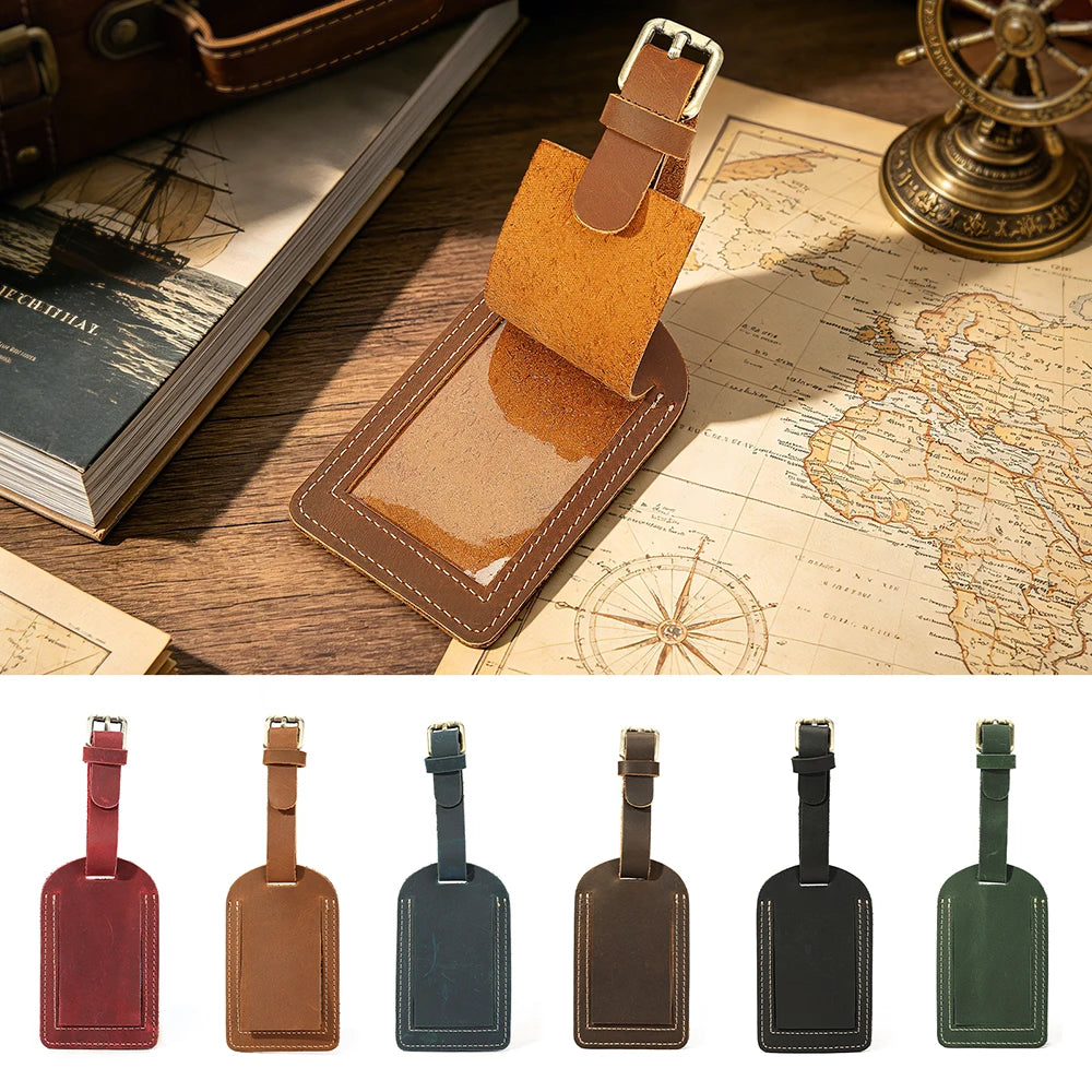Vintage Crazy Horse Genuine Leather Luggage Tag Privacy Cover ID Address Label Adjustable Strap Suitcase Baggage Travel Accessor