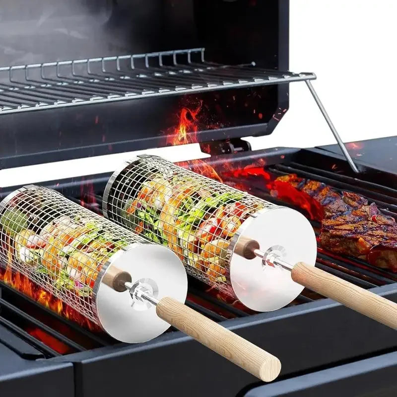 Round Barbecue Grill Basket Set, Stainless Steel Rolling BBQ Cage, Wire Mesh Cylinder Grilling Rack, Outdoor Camping Essential
