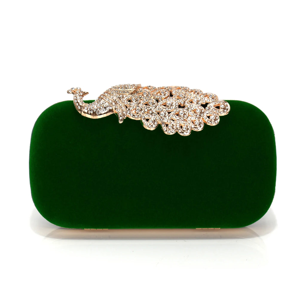 Animal Peacock Metal Shoulder Chain Evening Bags Rhinestones Velvet Small Clutch Bags Flap Design Red Color Lady Handbags
