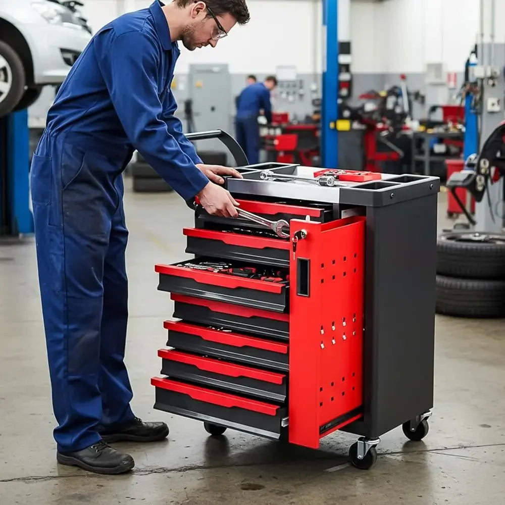 Rolling Tool Chest with Side Drawers and Lockable Storage for Workshop and Garage
