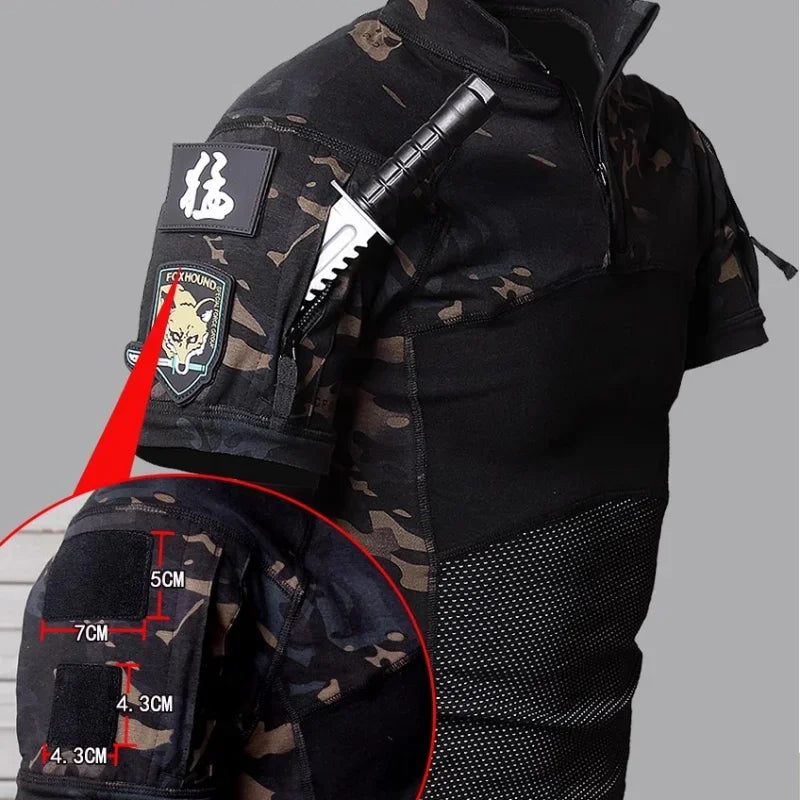 Summer Shirts Combat Tops Half Zipper Knitting Camo Hiking T-shirts Tactical T-shirt Breathable Elastic Outdoor Training Tees