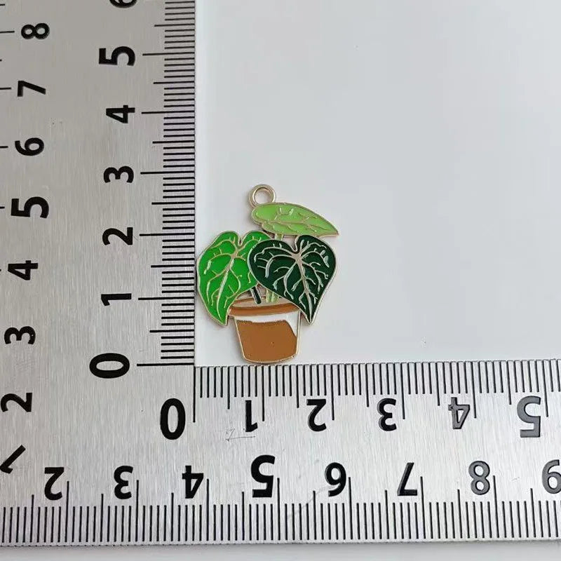 10pcs green succulent potted DIY accessories, banana leaf alloy pendants, keychains, earrings, hair accessories