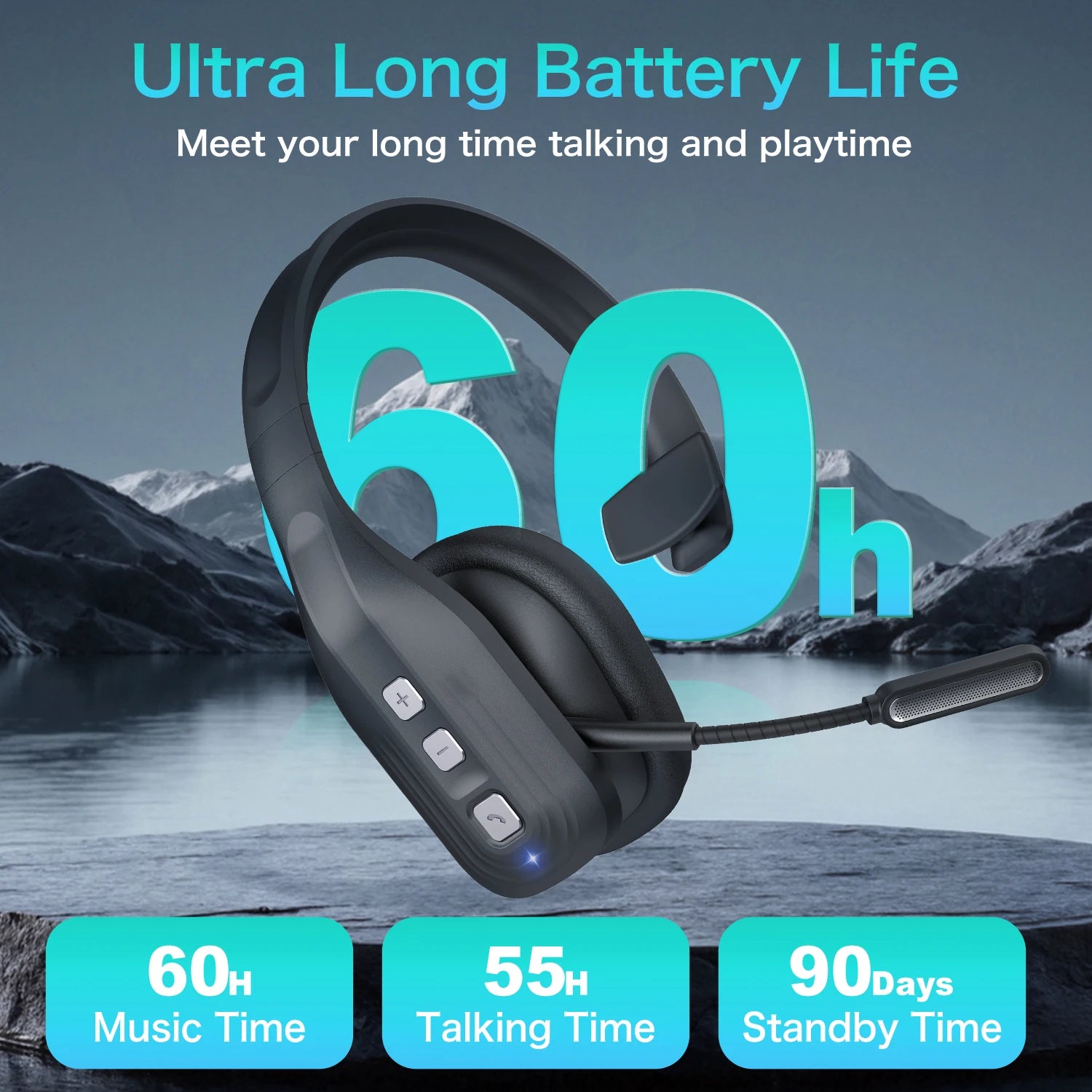 Truck Driver Headset with Dual Mic Noise Cancelling Bluetooth 5.3 Headphones Wireless Earbuds with Hands-Free for Office Driving