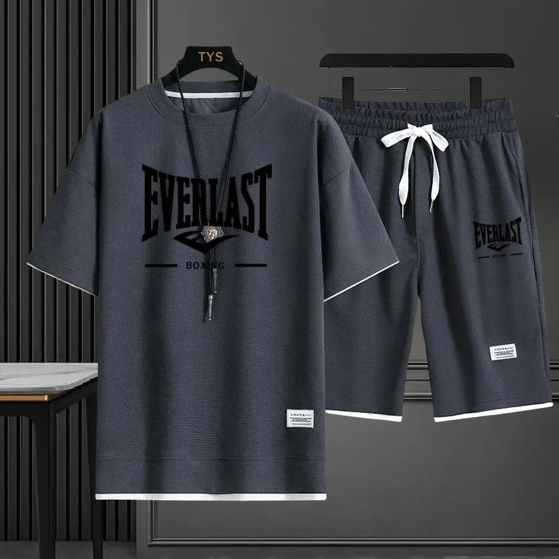 EVERLAST New Summer Men's Daily Casual Breathable Comfortable Loose Sports Set Fashion Brand Men's Waffle Top+Shorts 2-piece Set