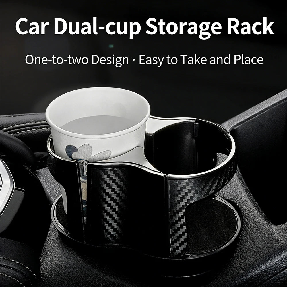 Car Dual Cup Holder Expander - 1-to-2 Design, Carbon Fiber Style, Universal Auto Cup Storage Rack for Drinks & Mugs