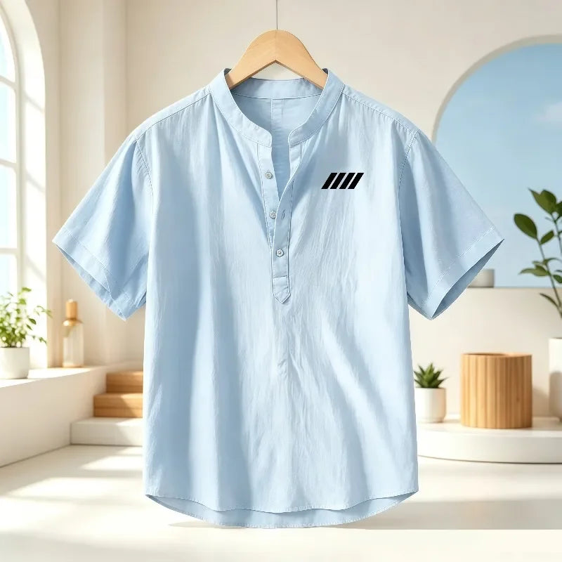 Men's cotton and linen Henry collar short sleeved shirt, geometric print breathable casual top, loose stand collar lightweight