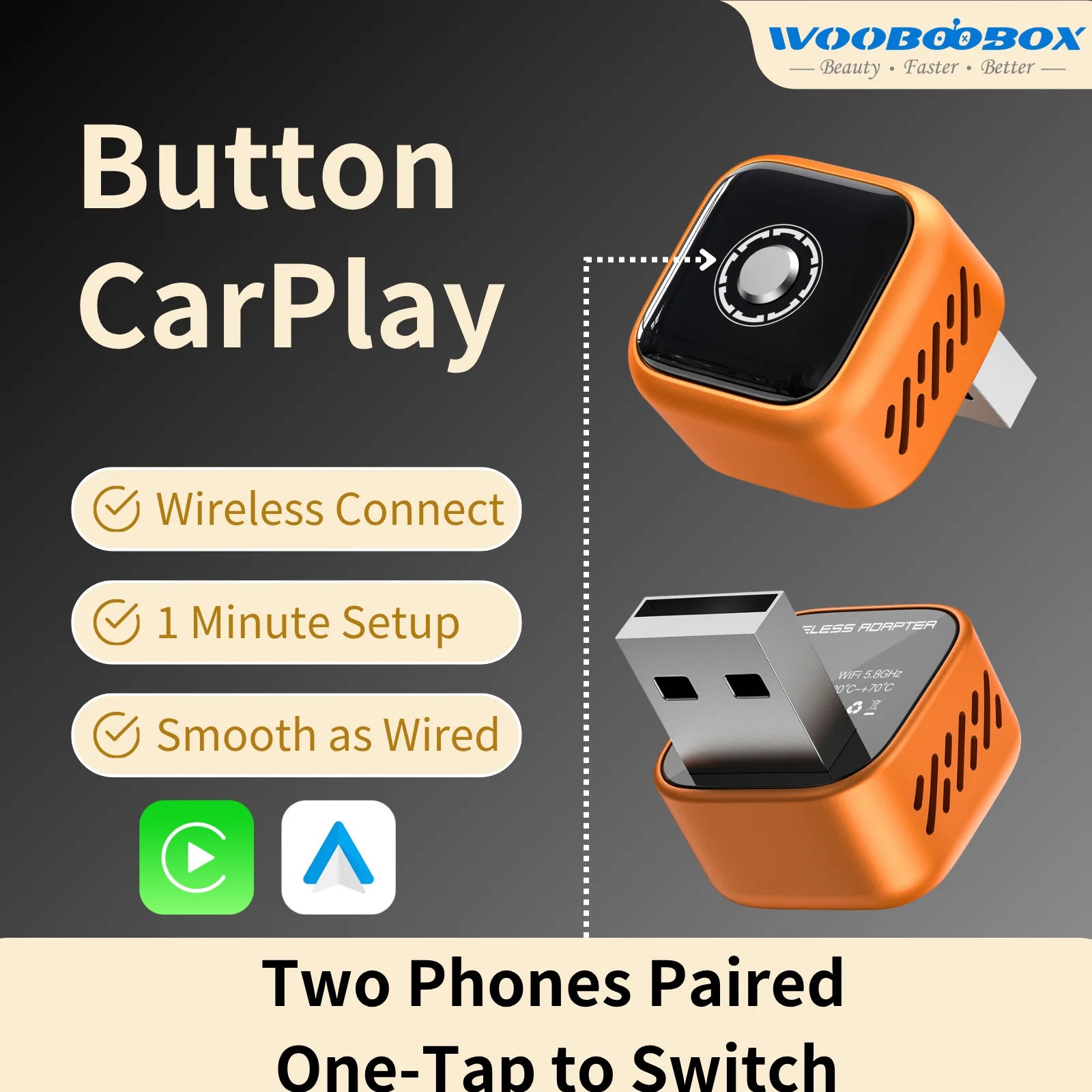 Wooboobox Wireless CarPlay Adapter, 2 Phones Connection One-Tap Switch, CarPlay Dongle for iPhone Android, Auto Connect No Delay