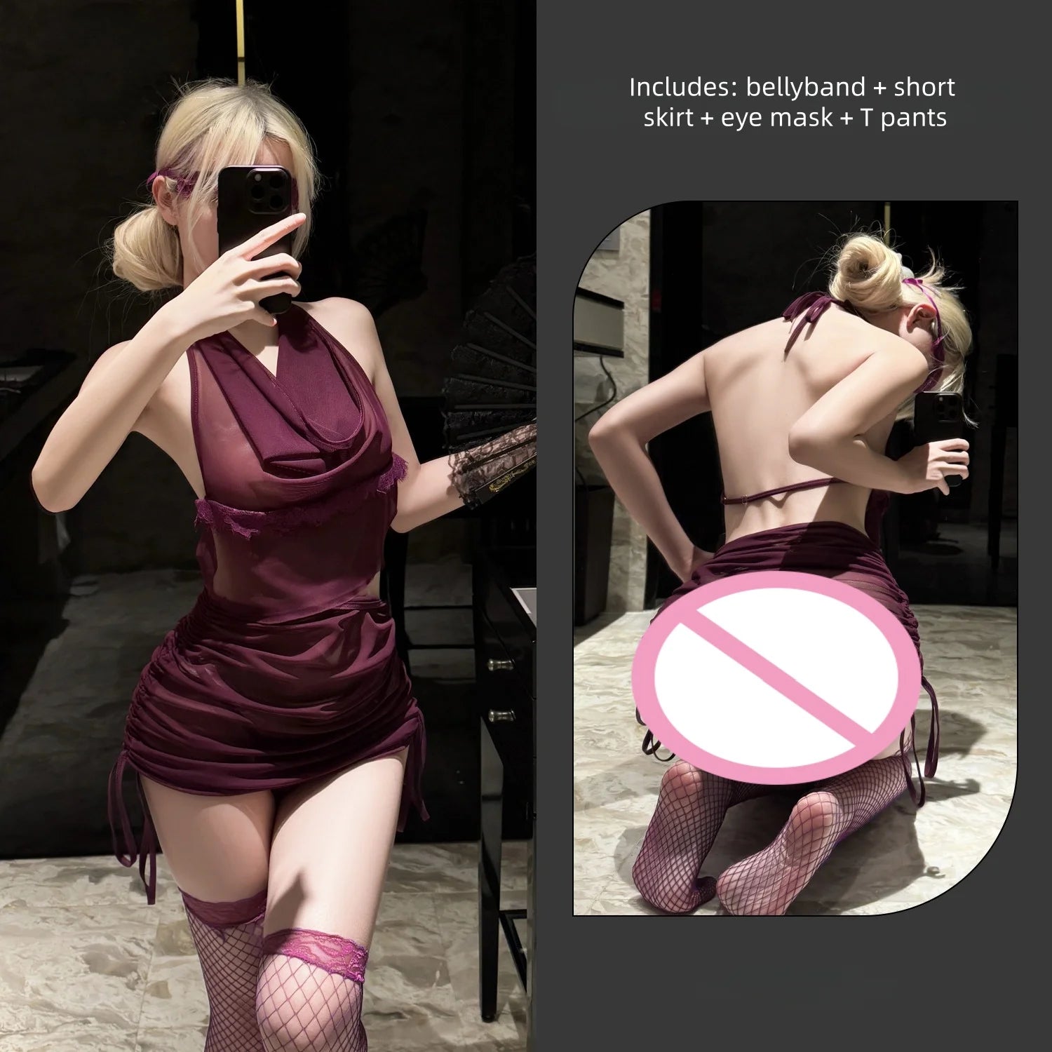 Pure Desire Purple See-through Halter Sexy Lingerie Sexy Hanging Neck Swing Collar Mesh Nightdress Split Drawstring Suit Women