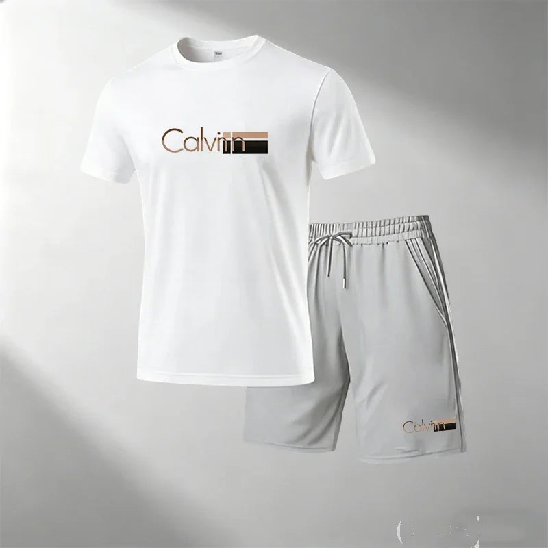 2026 Summer Men Streetwear Two Piece Set O Neck T Shirt Sports Shorts Quick Dry Fitness Running Outfit Fashion Casual Tracksuit