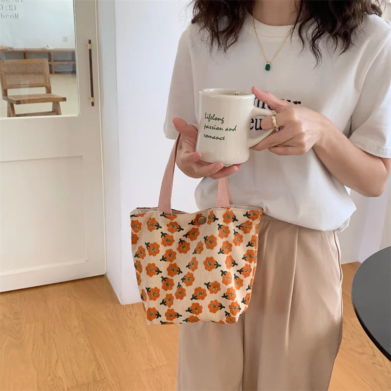 Casual Women Portable Lunch Bento Bag Retro Flower Ladies Small Handbags Thin Corduroy Female Shopper Clutch Purse Shoulder Bags