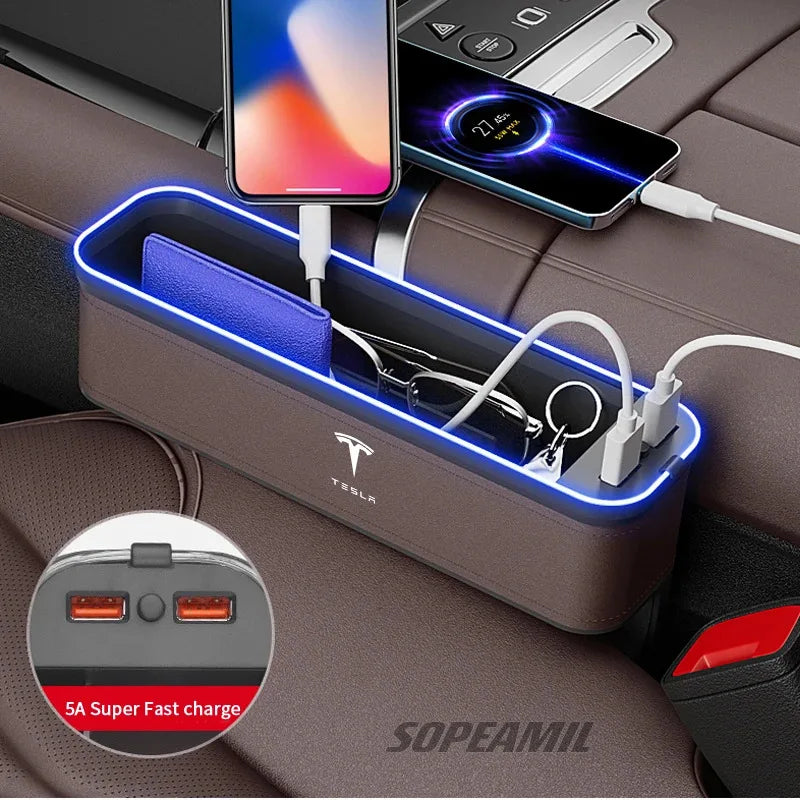 Car USB Charging Multifunction Crevice Storage Box Seat Gap Box For Tesla Cybertruck Roadster Model 3 Model Y Model S Model X