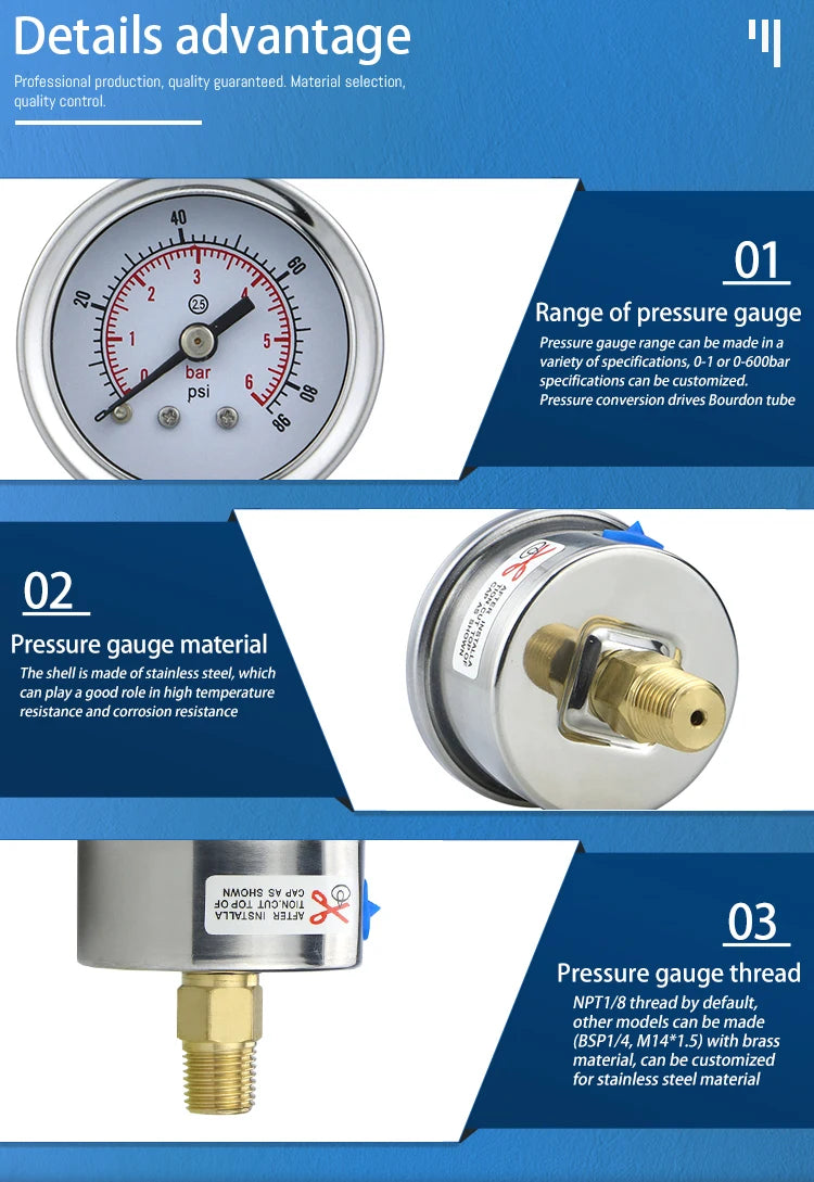 MAIRUIKESI Pressure Gauge 2 inch(50mm ) 2.5% NPT,G,ZG1/4 Steel case Back Connection Vacuum Mamometer For Hydrualic Water Gas