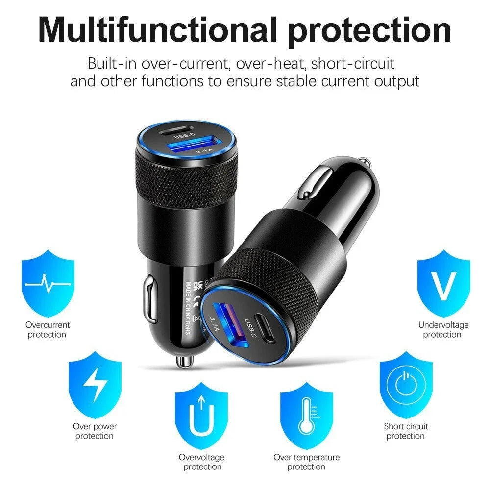 1Pack 15W 2 Port PD USB-C Fast Charging Car Charger Adapter USB+PD Universal For iPhone 17 16 Pro MAX For Samsung Car Charger
