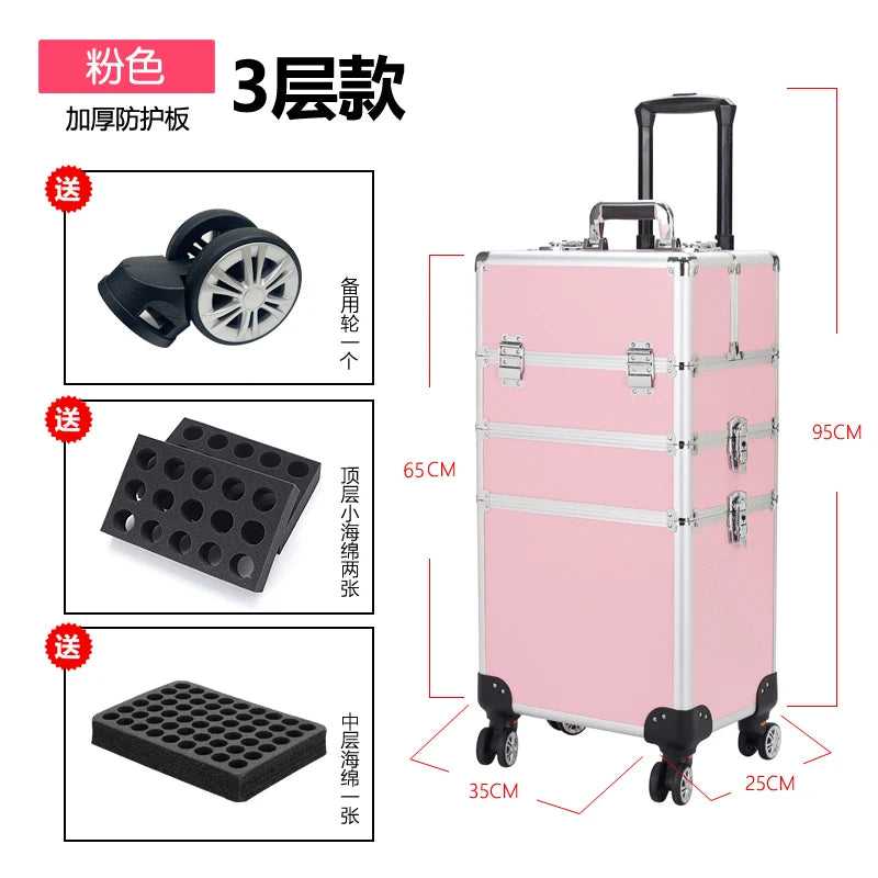 Professional Manicure Suitcases Travel Multilayer Large Capacity Makeup Valises Aluminium Luggage Trolley Tool Box Customized