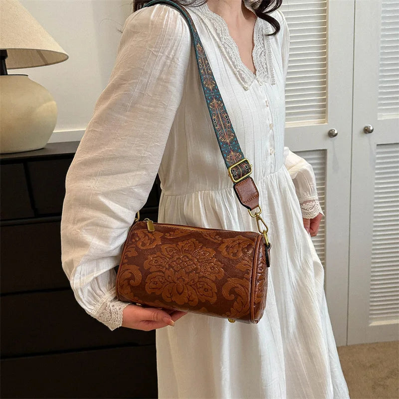 Retro Flower Embossed Cylinder Bag, Classic Textured Zipper Crossbody Purse, With Wide Geometric Pattern Strap Barrel Bag