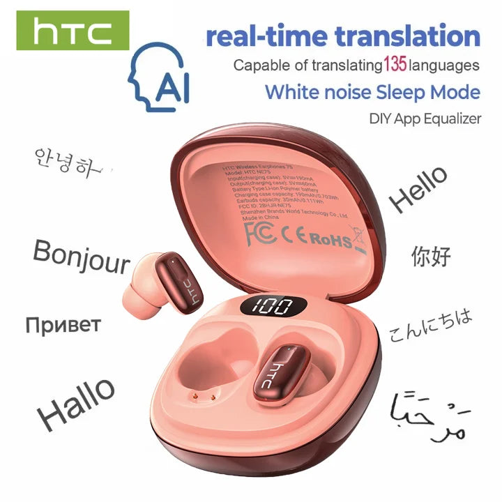 HTC NE75 Bluetooth Earphones 135 Language AI translator Earbud Low Latency Battery Display Long Battery Soft Wireless Headphones