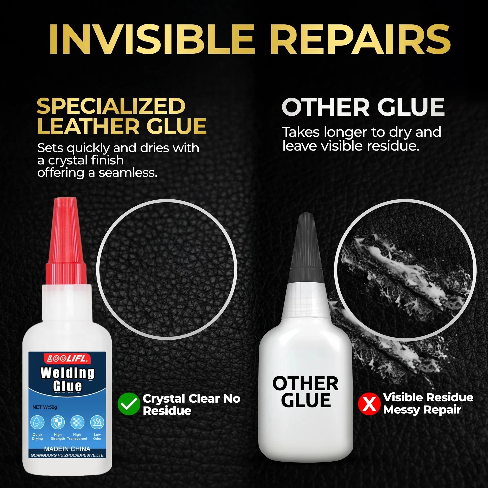LOOLIFL 50g Flexible Leather Adhesive Welding Glue - Low Odor Fast Dry Waterproof Multi-Material Fix for Sofa Car Seat Shoe
