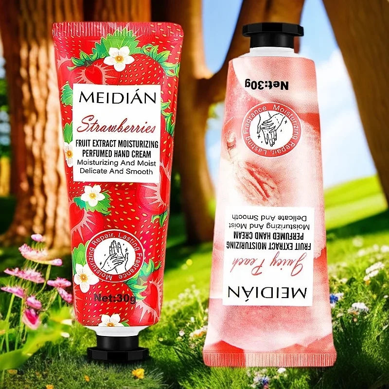 Five piece fruit scented hand cream for moisturizing and long-lasting fragrance retention. Hand care mask cream