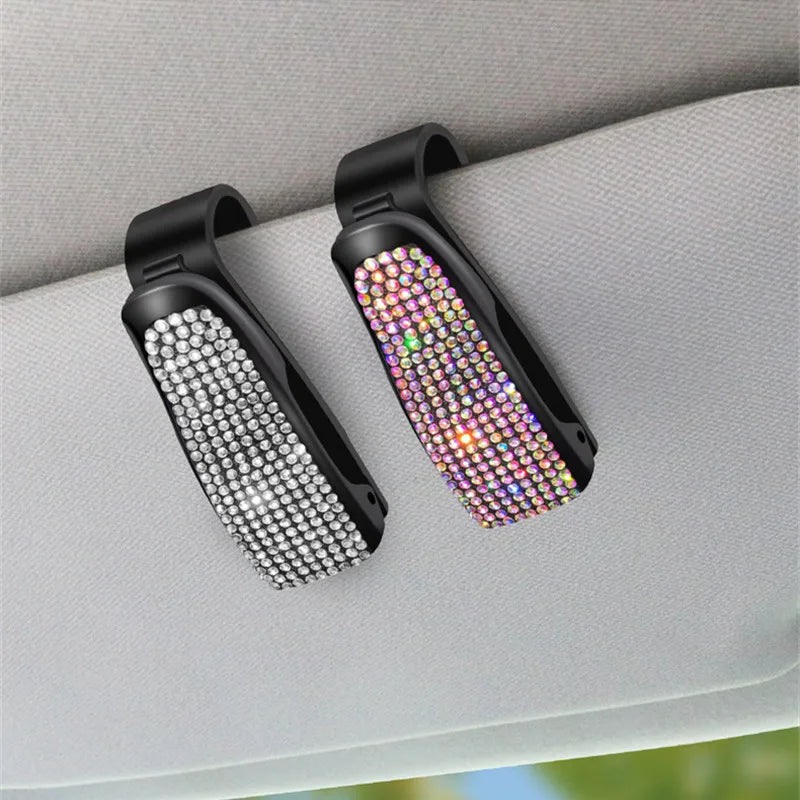New Rhinestone Car Glasses Clip Car Sun Visor Glasses Case Sunglasses Bracket Card Bill Ticket Organizer Holder Auto Accessories