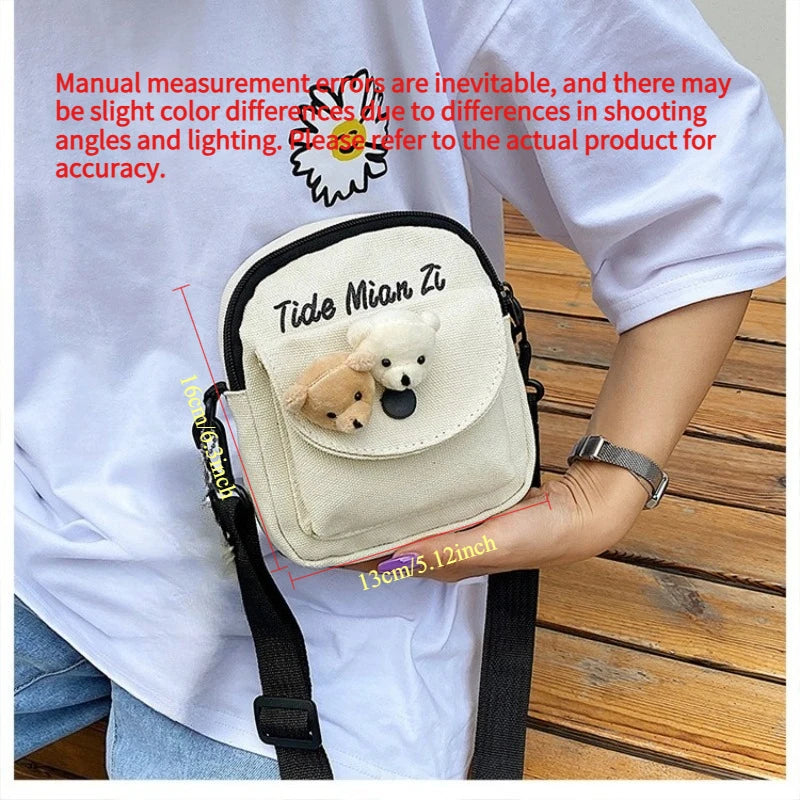 Solid Color Canvas Bag, Girls' Cartoon Teddy Bear Shoulder Bag, Students' Daily Crossbody Bag