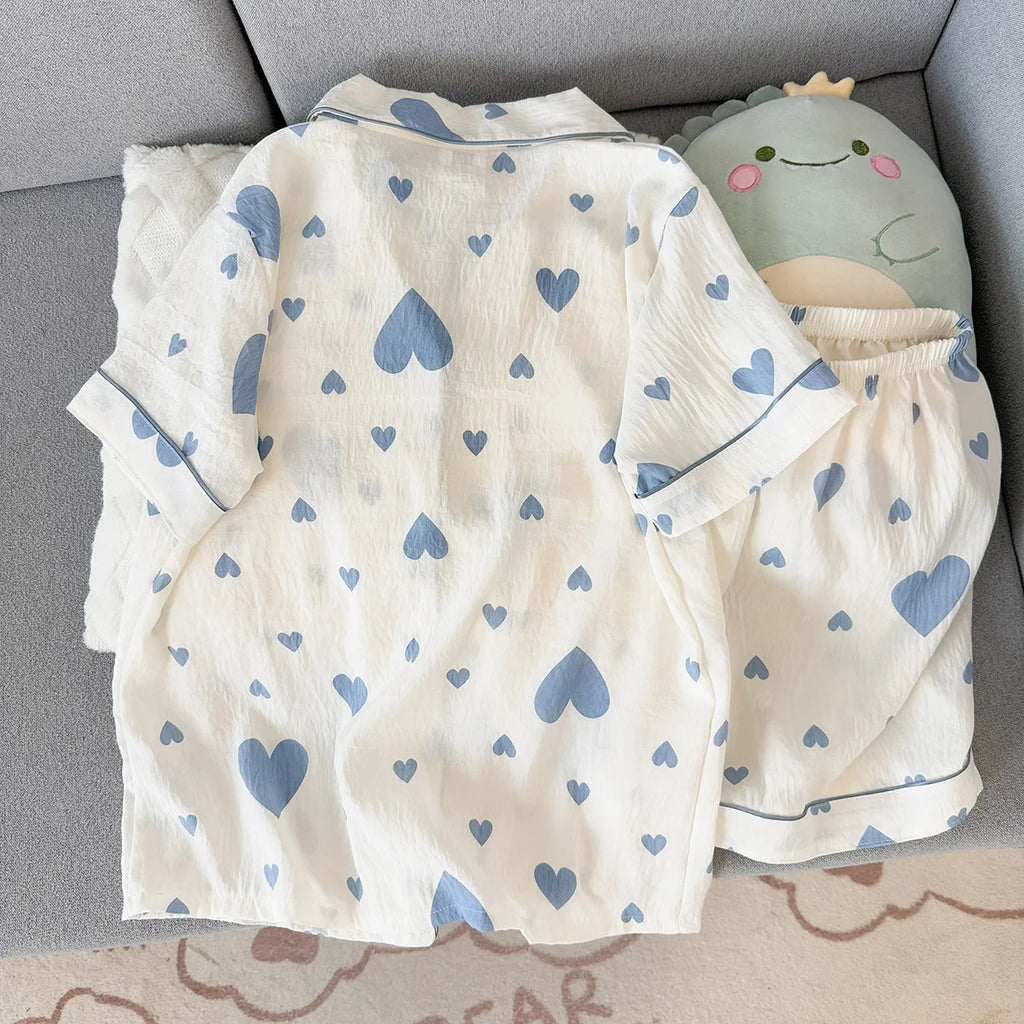 Women's Summer Thin Pajamas with Heart-Shaped Pattern, Short-Sleeved Shorts, Sweet and Cute, Can Be Worn Outside in Summer, Two-Piece Home Wear Set