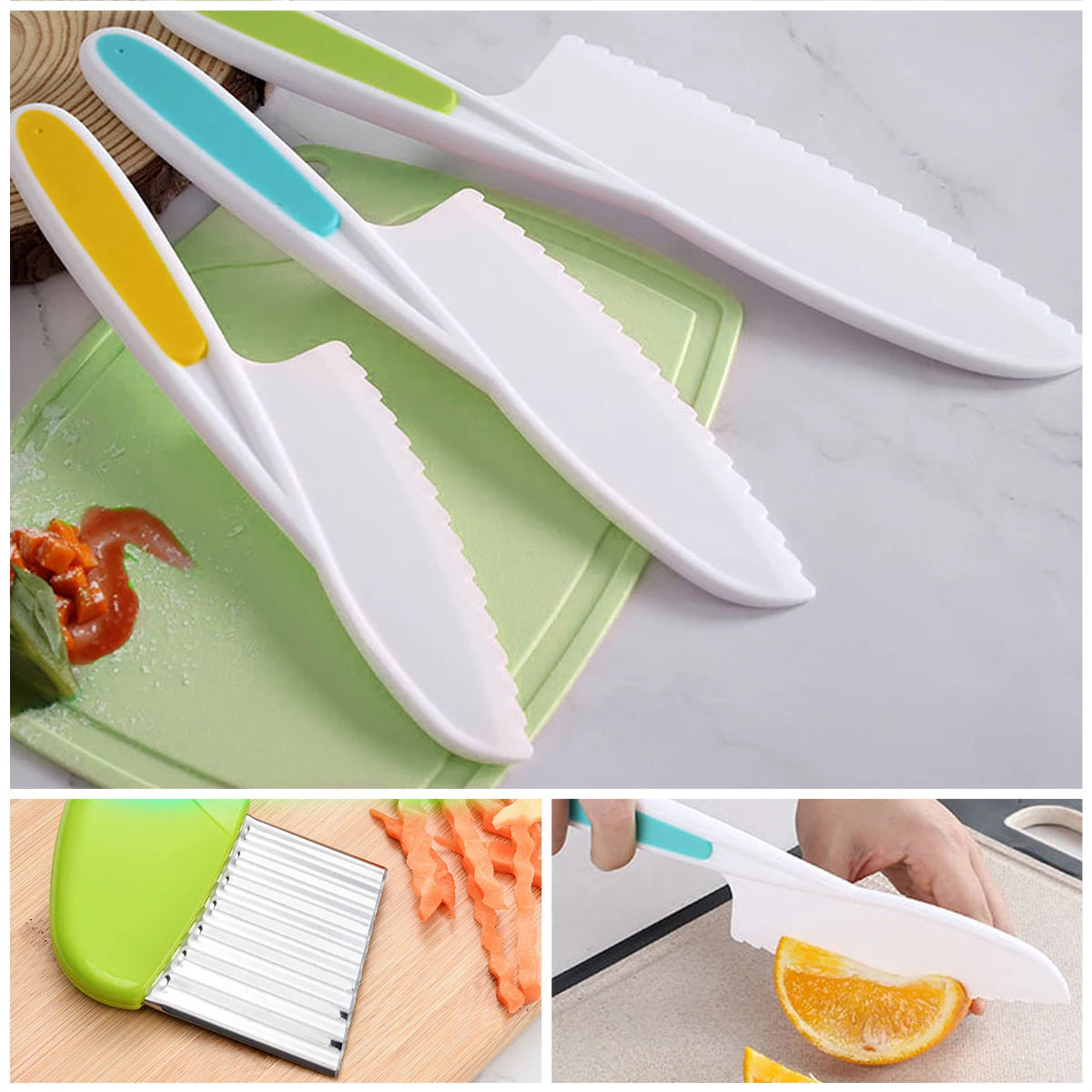 Set Kids Cooking Cutter Knife Toddler Vegetable Cutter Cooking Plastic Fruit Knives to Cut Fruits Crinkle Peeler Kitchen Supply