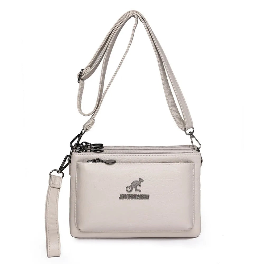 Soft Multiple Zip Pockets Shoulder Bag Waterproof Large Capacity PU Leather Crossbody Bag Simple Solid Color Square Phone Bag