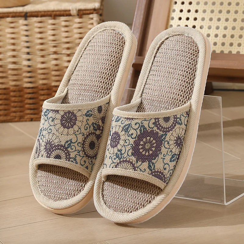 Autumn Winter Women Floor Slippers Retro Linen Open-toe EVA Thick Bottom Casual Sandals Indoor Home Couples Slippers Shoes
