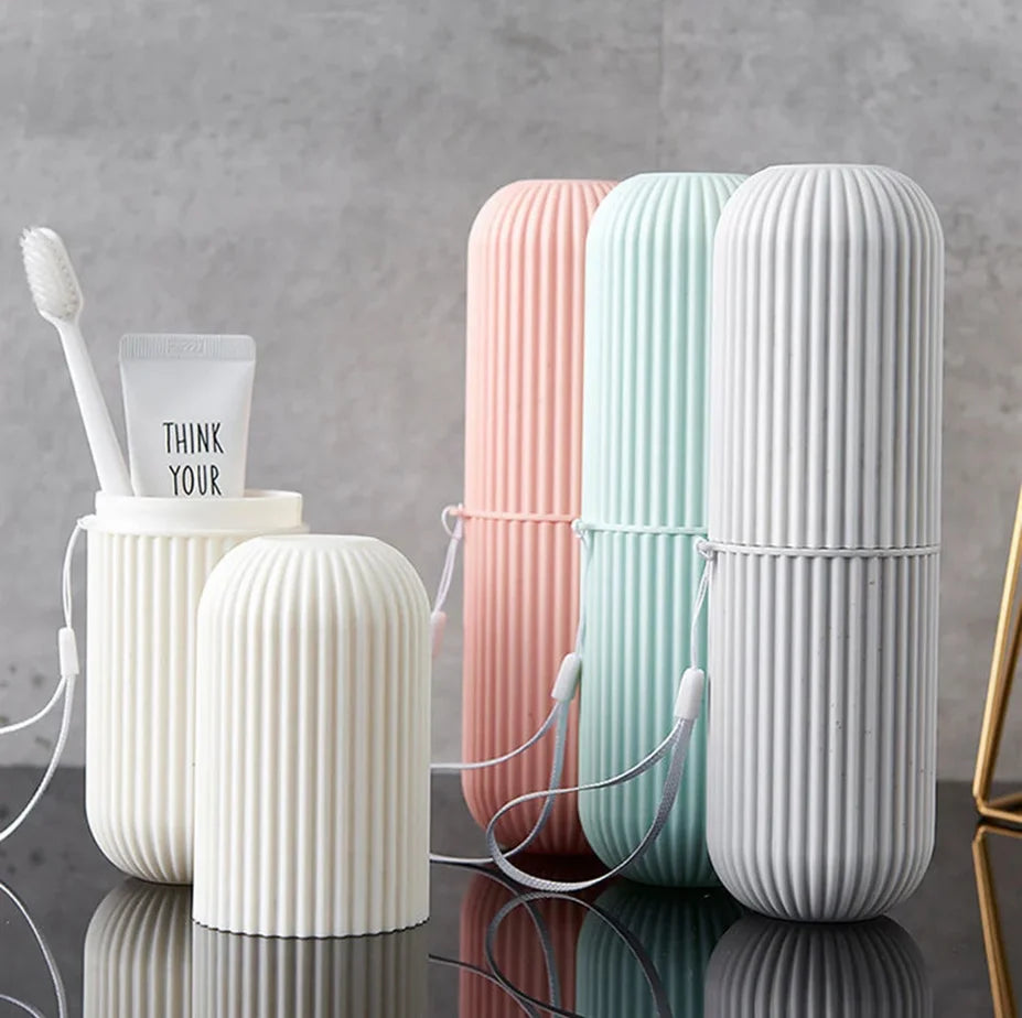 Portable Travel Toothbrush Box Vertical Striped Mouthwash Cup Toothpaste Tube Organizer Toothware Storage Case for Bathroom & Ou
